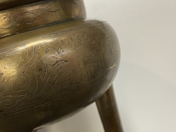 A Chinese silver inlaid bronze censer, Shi Shou mark, 19th C.
